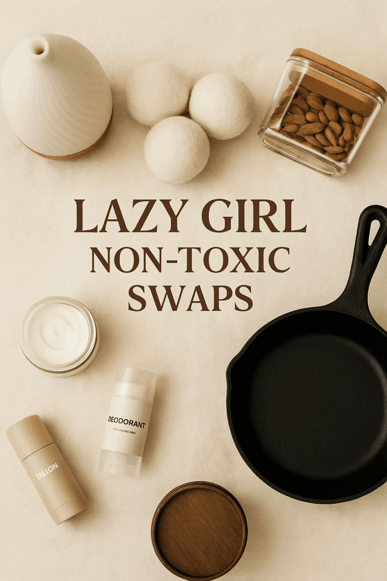 Flat lay of aesthetic non-toxic household items including essential oils, wool dryer balls, and glass containers on a neutral background