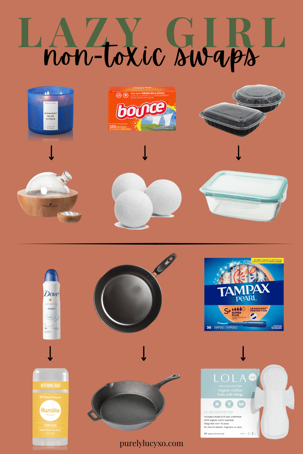Visual guide titled ‘Lazy Girl Non-Toxic Swaps’ showing side-by-side product swaps such as scented candles to diffusers, dryer sheets to wool balls, and plastic containers to glass, designed in an aesthetic, minimal layout