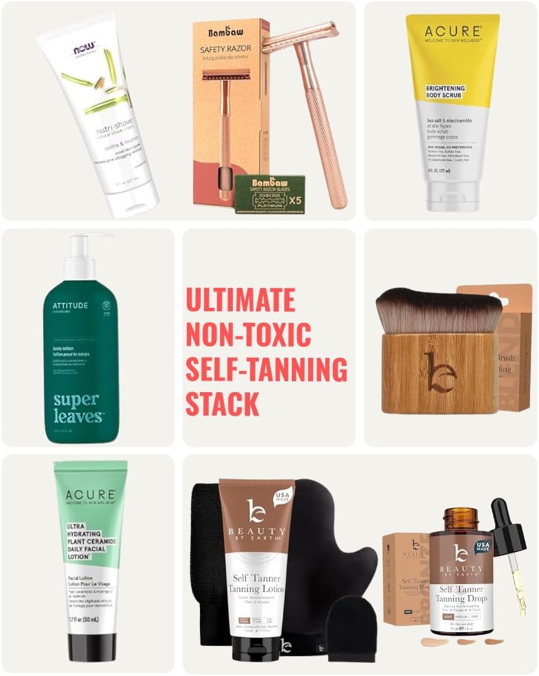 Ultimate Non Toxic Self tanning stack featuring amazon favorites one a white background with red text