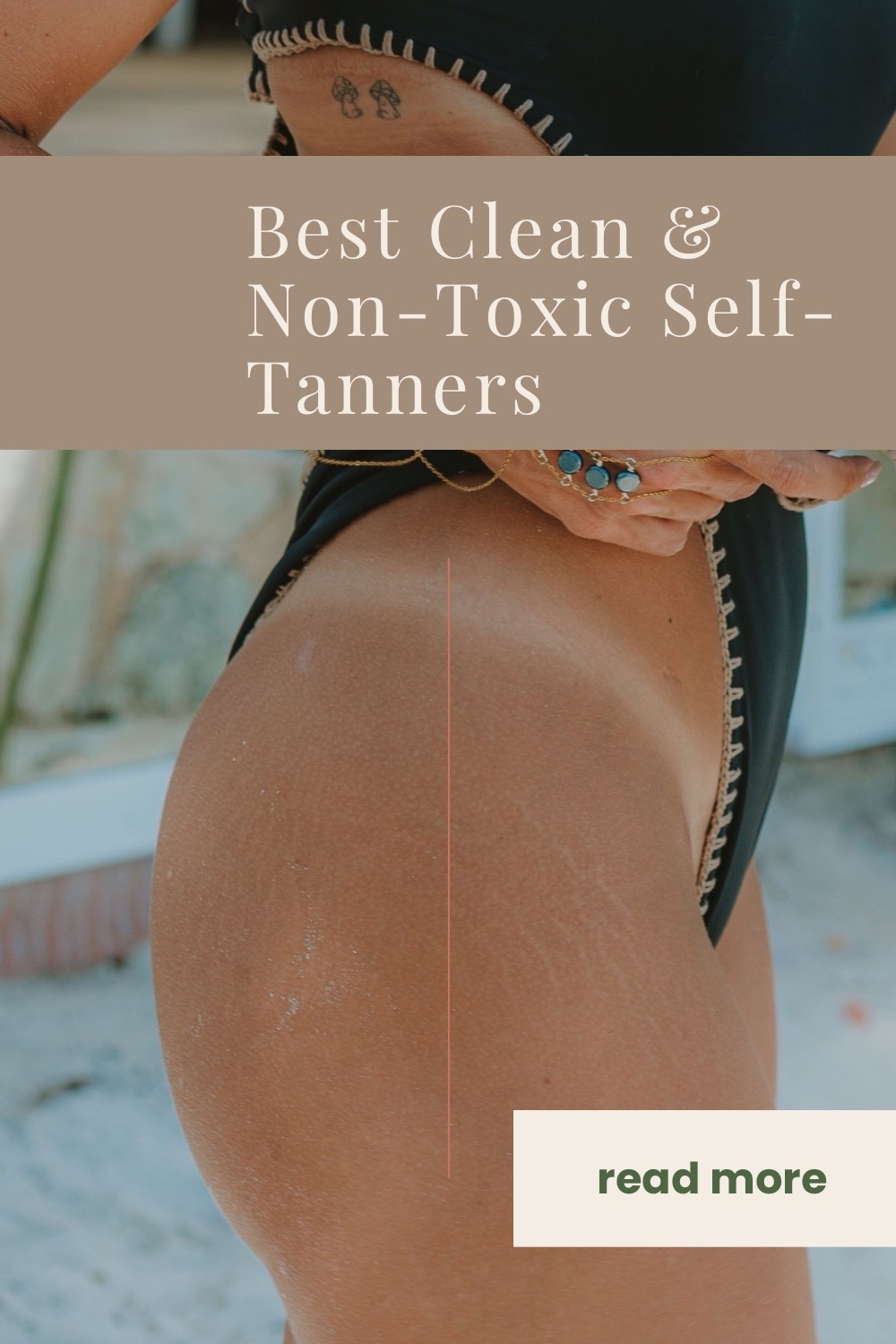 Woman showing off tan lines from using non-toxic self tanners in a swimsuit