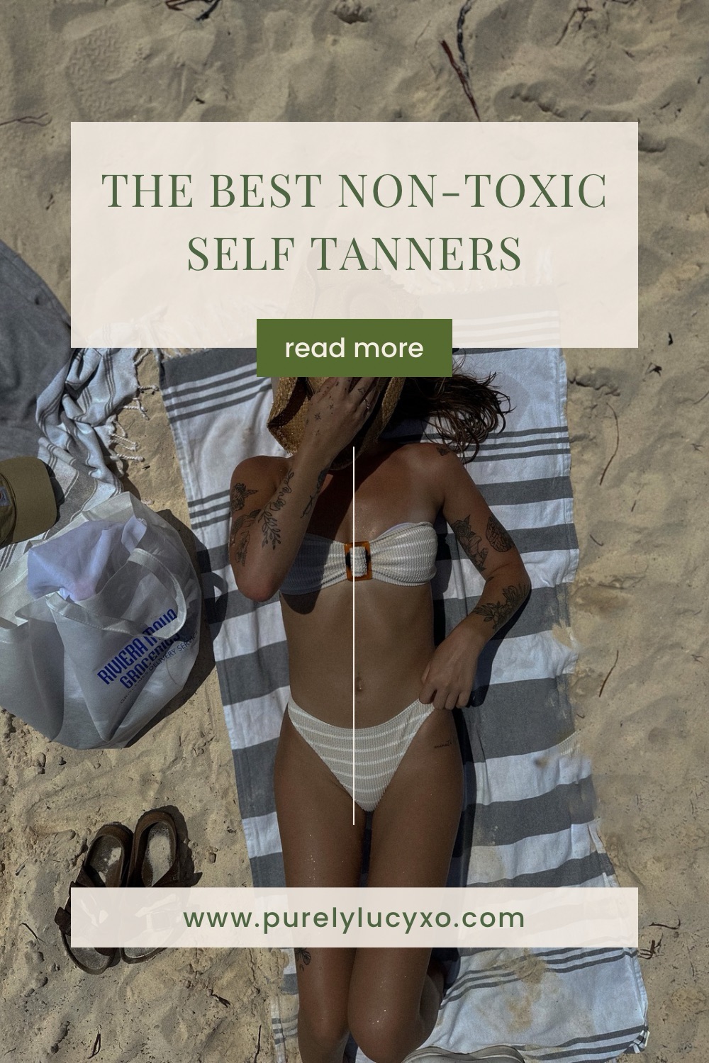 Before and after results of non-toxic self tanner on woman lying on beach towel in bikini
